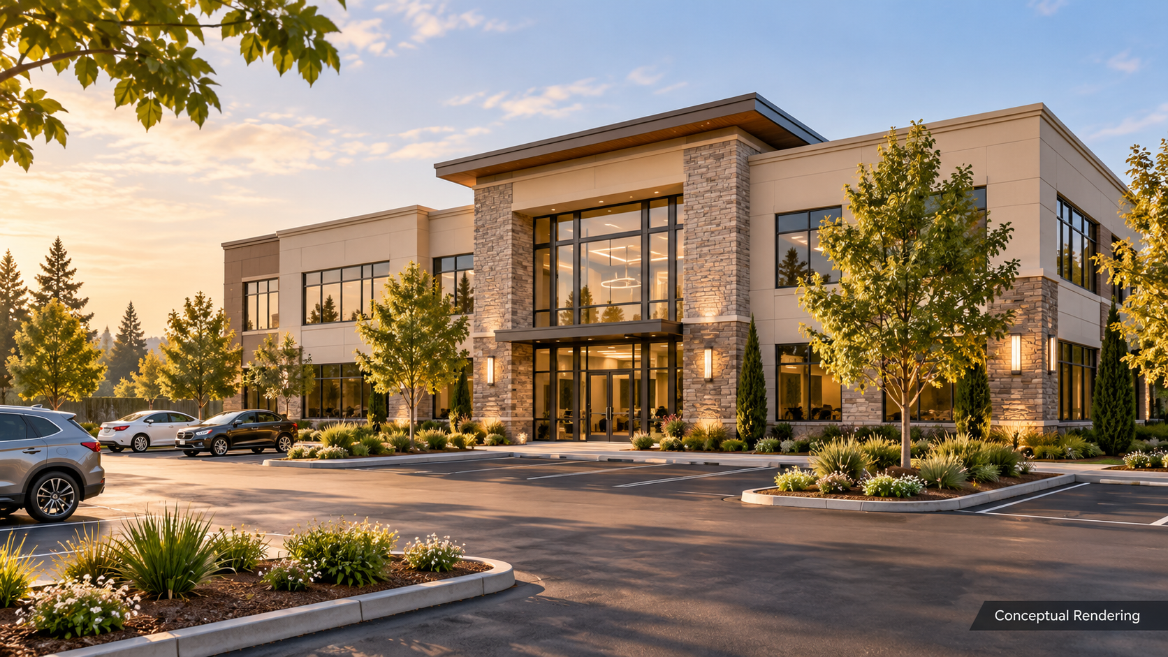 Stylized image of a contemporary commercial property and landscaped entry