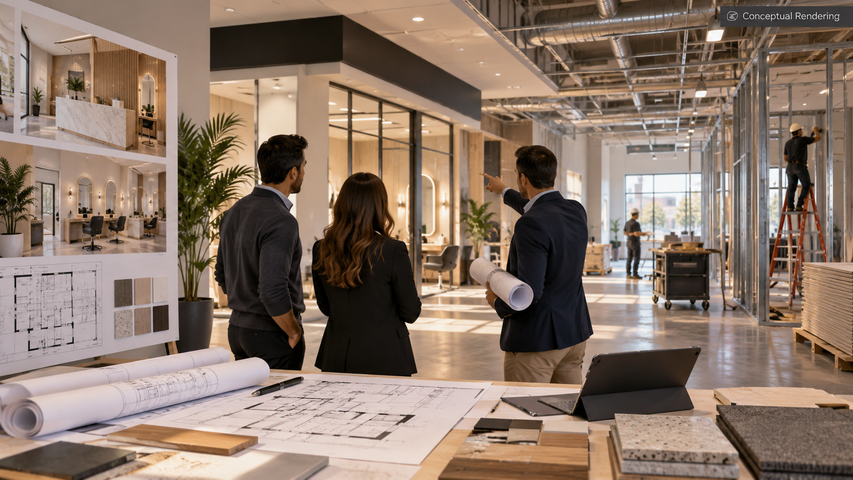 Stylized commercial suite renovation showing floor planning, interior finishes, and coordinated project activity