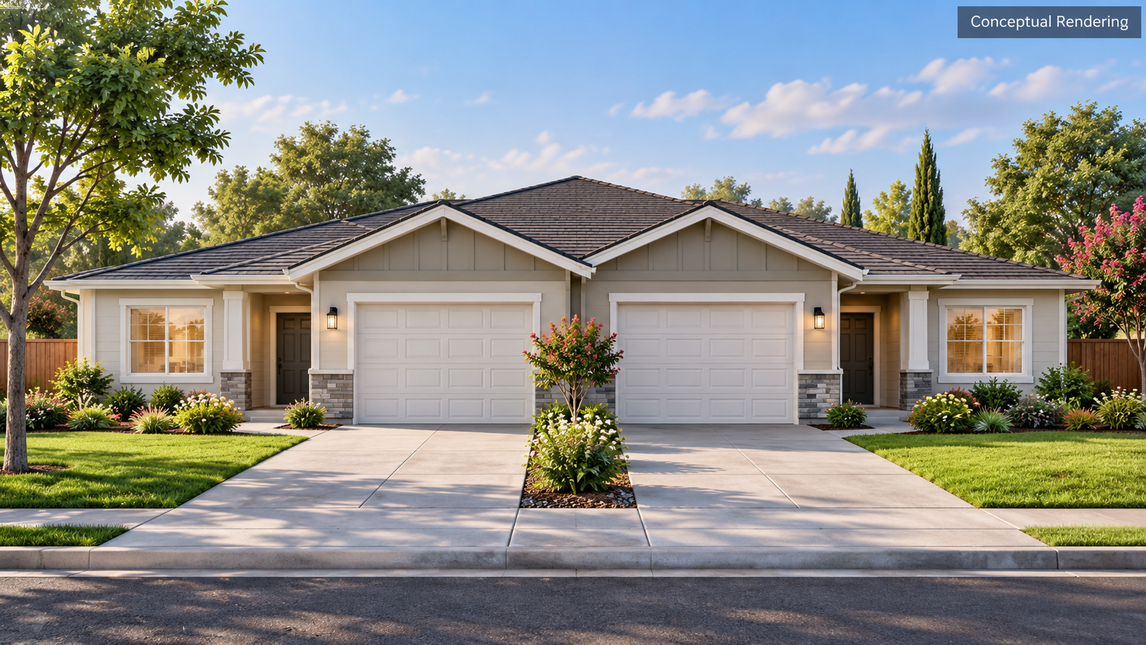 Stylized image of residential duplex properties
